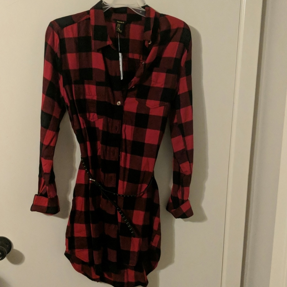 Red & Black Plaid Shirt Dress with Belt